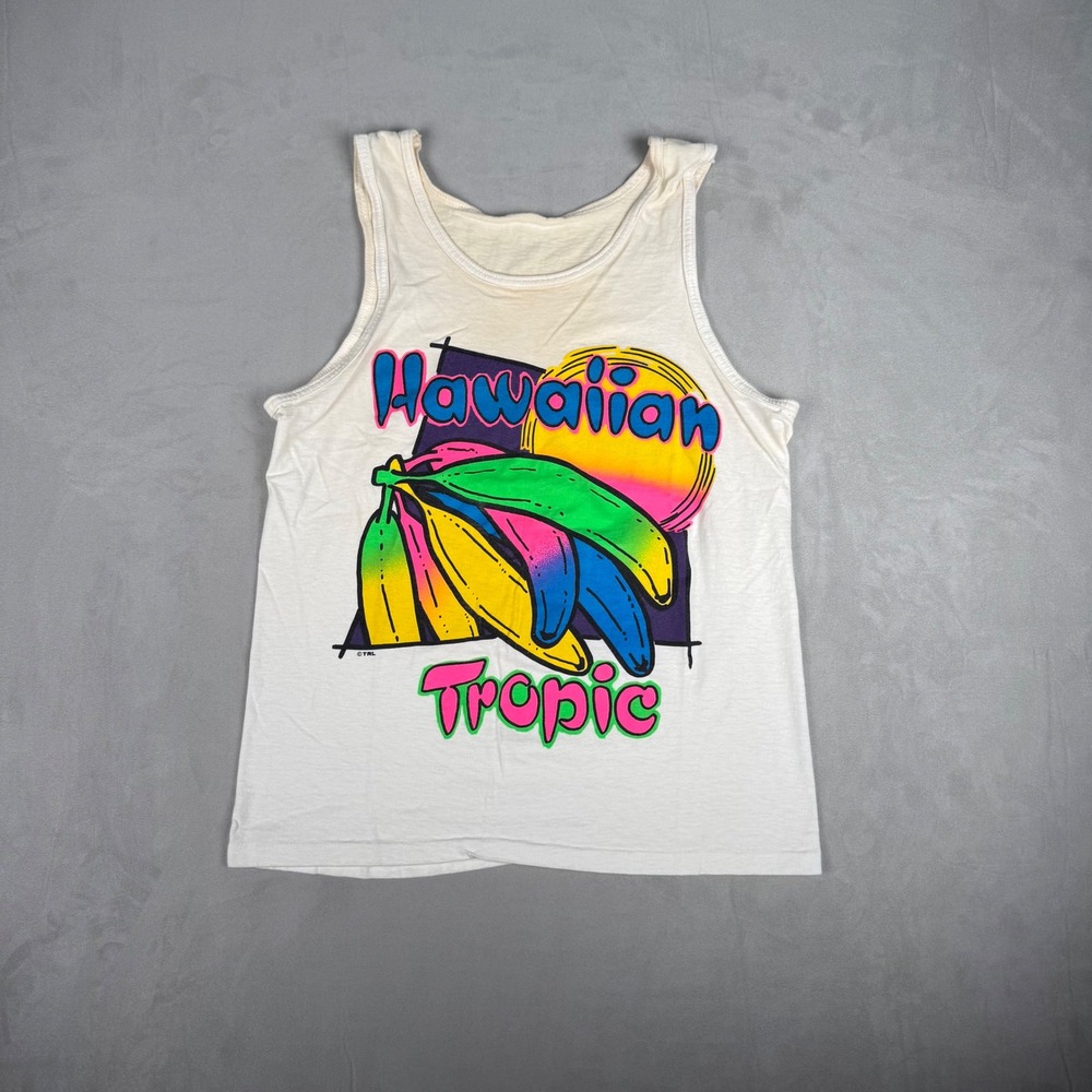 80s Mens Hawaiian‎ Tropic Neon Banana Graphic Tank Top Beach Surf Medium
